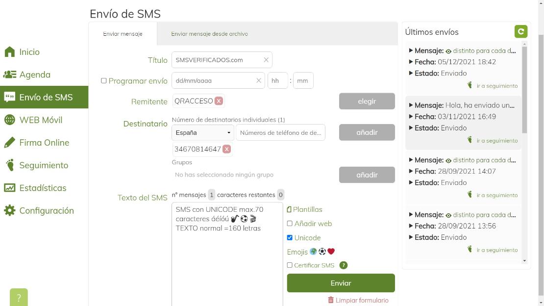 Menú -Envío de SMS- del web SMSVERIFICADOS.net para enviar SMS